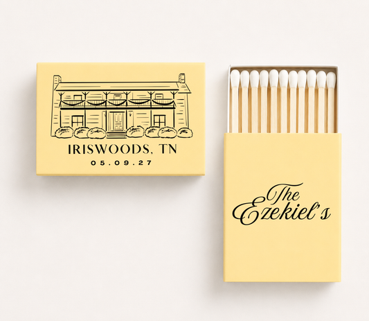 Personalized Iriswoods wedding matchboxes featuring a custom Tennessee venue illustration with family name and wedding date.
