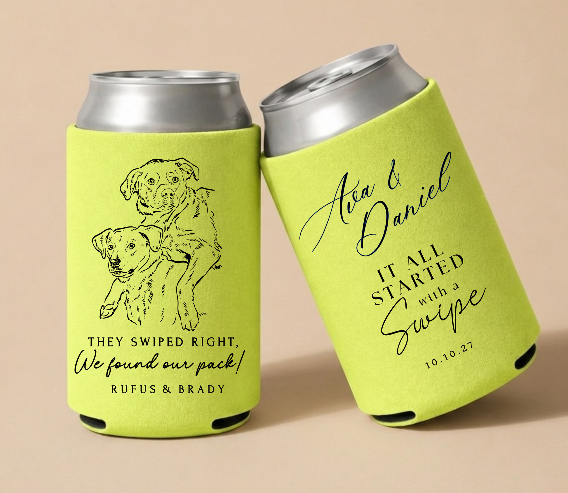 Personalized lime green can coolers featuring a custom dog portrait illustration and wedding names for a pet-friendly wedding