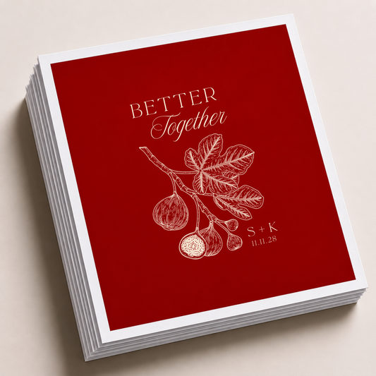 Red personalized wedding cocktail napkins featuring botanical fig branch artwork, Better Together wording, custom initials, and wedding date.