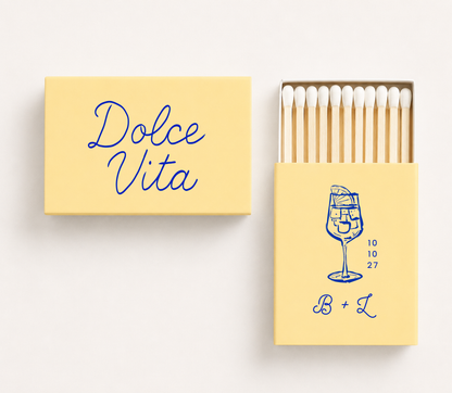 Personalized Italian Dolce Vita wedding matchboxes featuring a cocktail illustration, custom initials, and wedding date.
