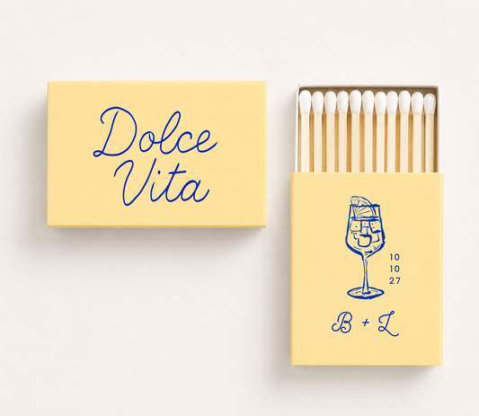 Personalized Italian Dolce Vita wedding matchboxes featuring a cocktail illustration, custom initials, and wedding date.