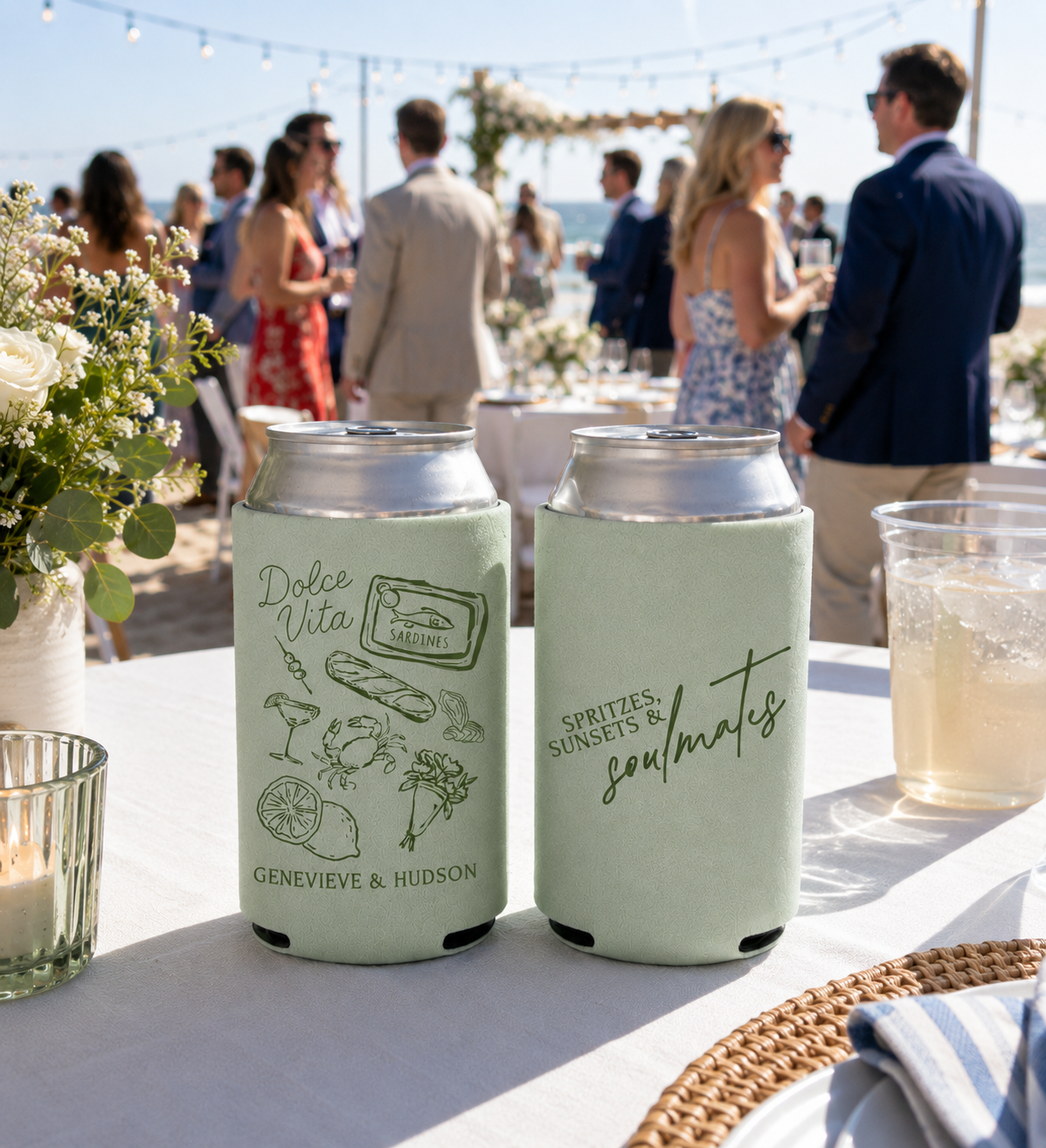 Italian coastal wedding can cooler featuring Dolce Vita illustrations and personalized wedding names.