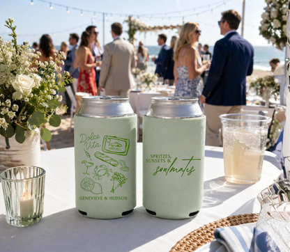 Italian coastal wedding can cooler featuring Dolce Vita illustrations and personalized wedding names.