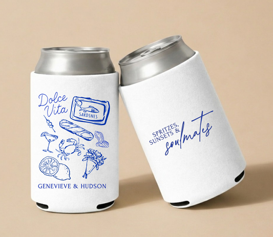 Italy Wedding Can Coolers, Coastal Design