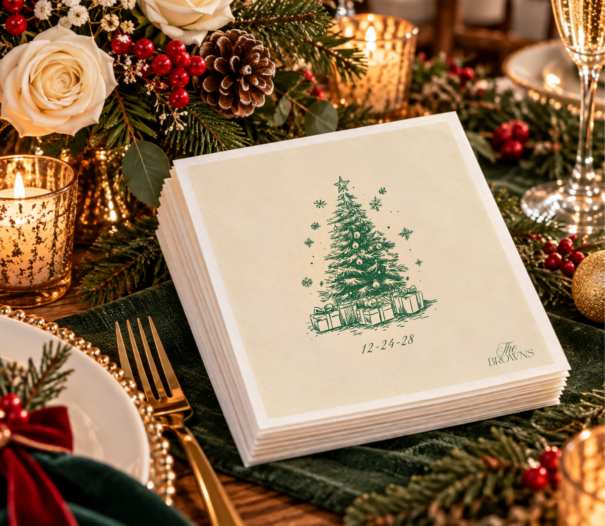 Custom Christmas wedding table napkins featuring a vintage-inspired Christmas tree and personalized family details.