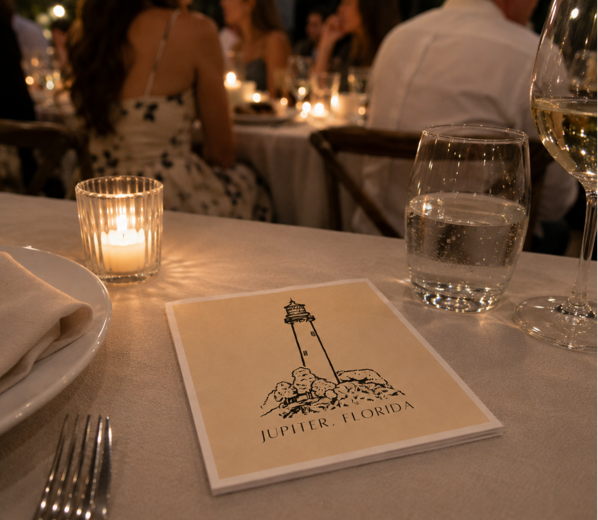 Custom Jupiter Florida lighthouse wedding cocktail napkins.
