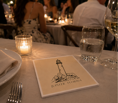 Custom Jupiter Florida lighthouse wedding cocktail napkins.