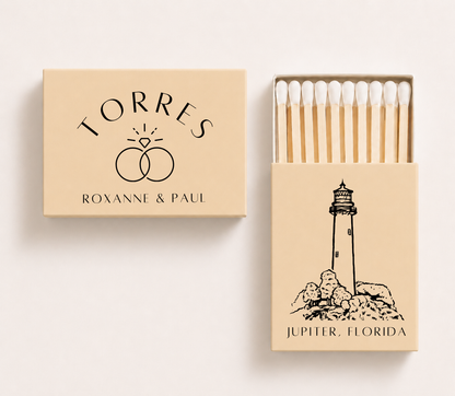 Personalized Jupiter Florida wedding matchboxes featuring the Jupiter Inlet Lighthouse illustration with custom names and wedding details.