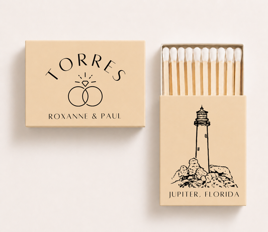 Personalized Jupiter Florida wedding matchboxes featuring the Jupiter Inlet Lighthouse illustration with custom names and wedding details.