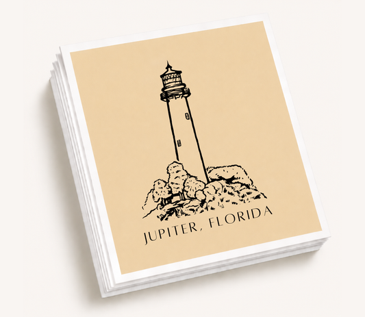 Personalized cocktail napkins featuring a hand-drawn illustration of the Jupiter Lighthouse in Jupiter, Florida.