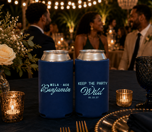 Personalized blue wedding can koozies.