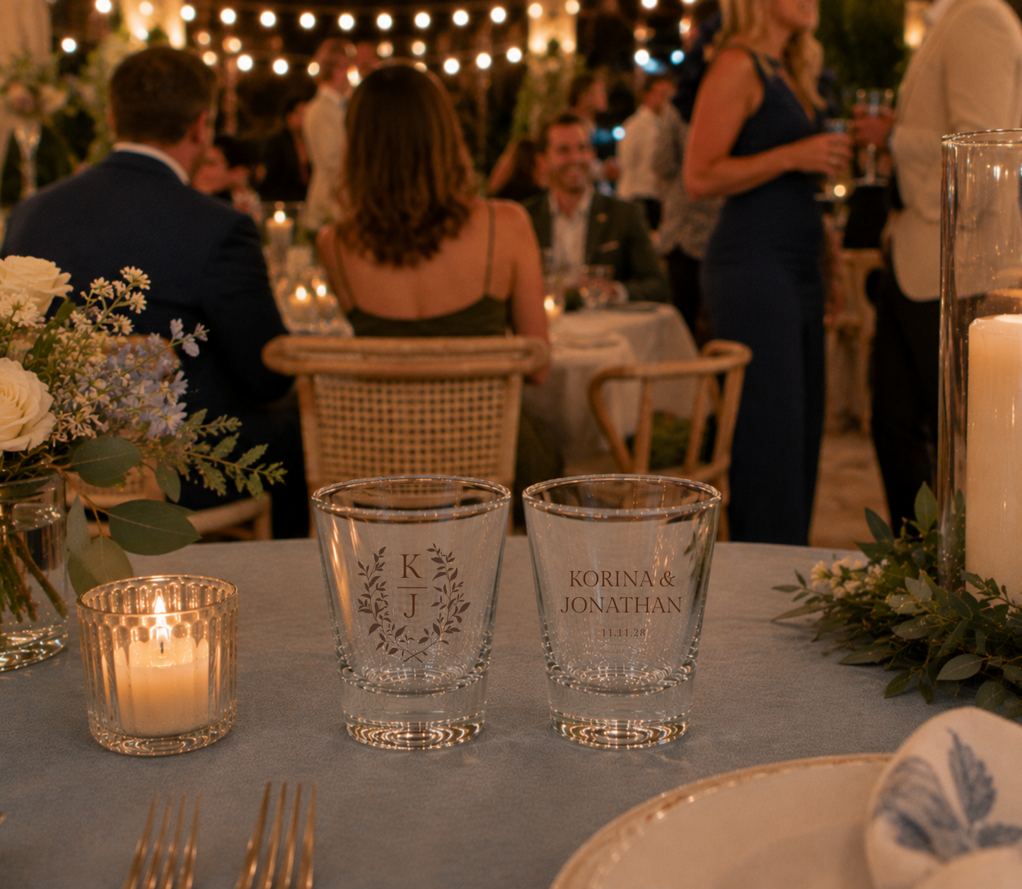 Korina Laurel Monogram personalized wedding shot glasses.

Custom botanical monogram wedding shot glasses.

Botanical wedding favor shot glasses with monogram.