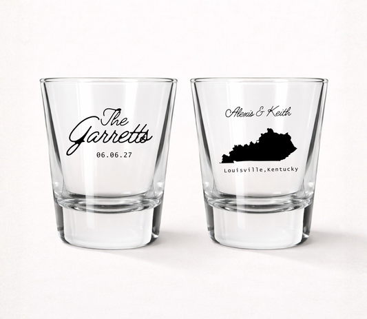Custom Kentucky wedding shot glasses
Louisville wedding favor shot glasses
Personalized Kentucky state shot glasses
State silhouette wedding shot glasses
Custom wedding keepsake shot glasses
Kentucky destination wedding favors