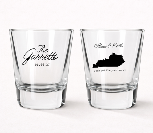 Custom Kentucky wedding shot glasses
Louisville wedding favor shot glasses
Personalized Kentucky state shot glasses
State silhouette wedding shot glasses
Custom wedding keepsake shot glasses
Kentucky destination wedding favors