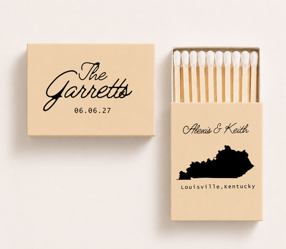 Personalized Kentucky wedding matchboxes featuring custom family name, couple's names, wedding date, and Kentucky state silhouette for destination weddings.