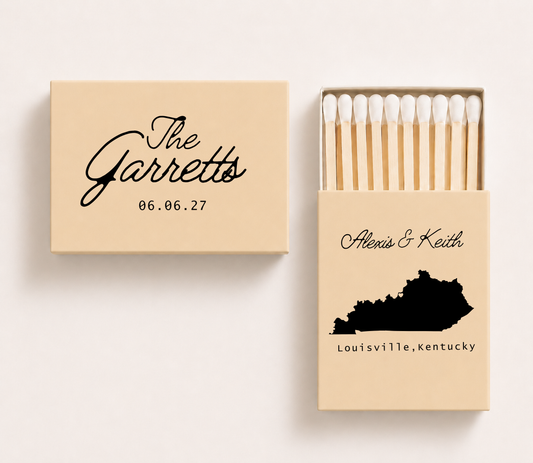 Personalized Kentucky wedding matchboxes featuring custom family name, couple's names, wedding date, and Kentucky state silhouette for destination weddings.