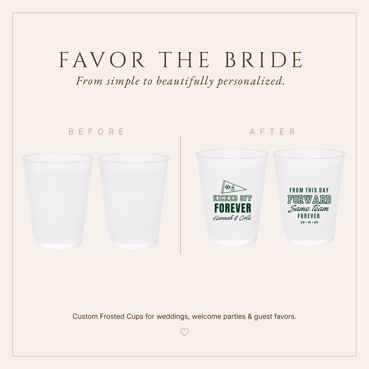 Personalized football wedding reception cups featuring Kicked Off Forever, From This Day Forward, and Same Team Forever wording.