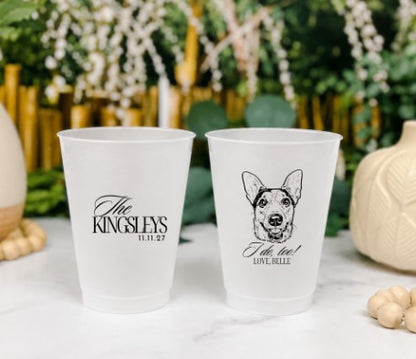Personalized dog wedding frosted cups featuring custom dog portrait family name and wedding date