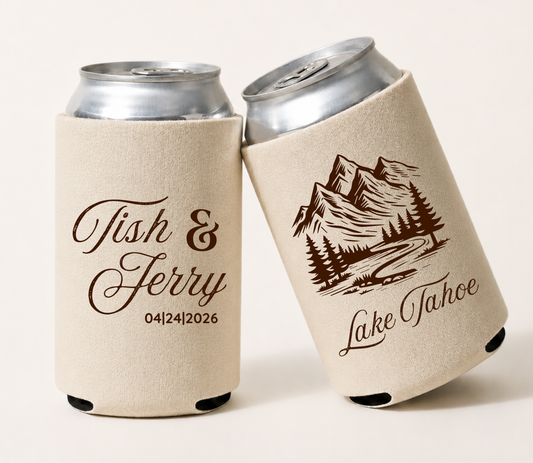 Personalized Lake Tahoe wedding can coolers featuring a mountain landscape illustration with custom names and wedding date for destination weddings.
