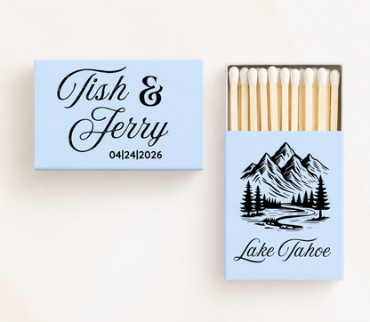 Personalized Lake Tahoe wedding matchboxes featuring custom couple names, wedding date, and scenic mountain illustration for destination weddings.