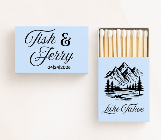 Personalized Lake Tahoe wedding matchboxes featuring custom couple names, wedding date, and scenic mountain illustration for destination weddings.