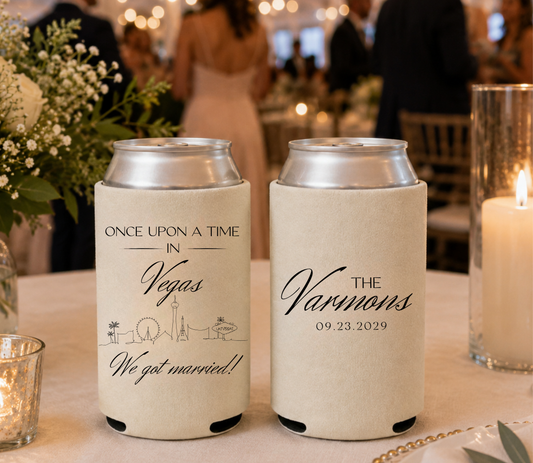 Custom Las Vegas wedding can cooler with Vegas skyline design.