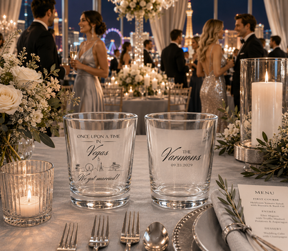 Personalized Las Vegas wedding shot glasses with custom skyline illustration and family name design