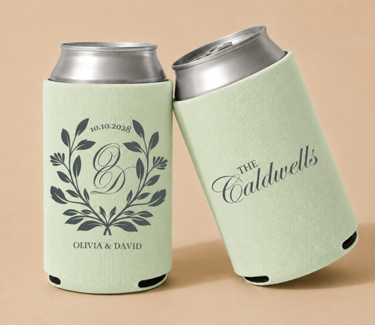 Personalized Laurel Monogram Wedding Can Coolers