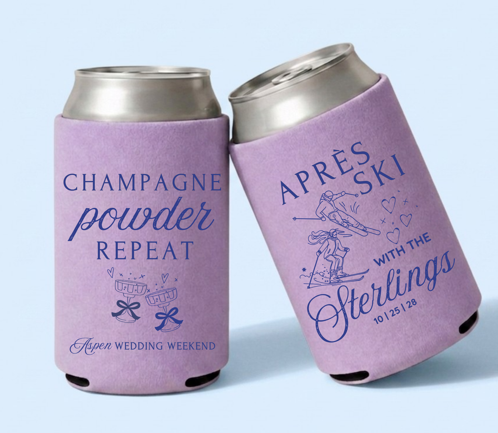 Lavender personalized après ski wedding can coolers featuring Champagne Powder Repeat artwork, skiing illustrations, custom family name, and wedding date.