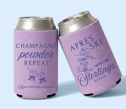 Lavender personalized après ski wedding can coolers featuring Champagne Powder Repeat artwork, skiing illustrations, custom family name, and wedding date.