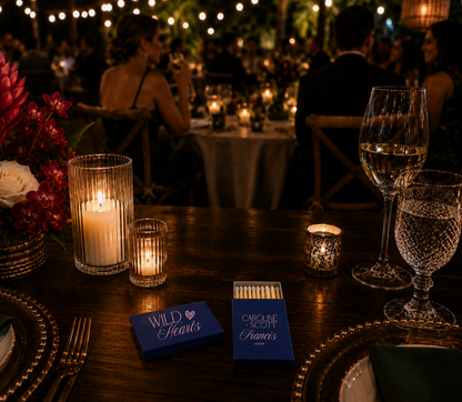 Custom navy wedding matches with couple names and date.

