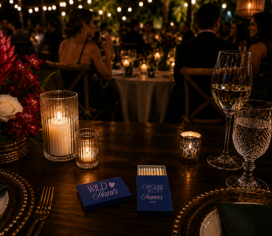 Custom navy wedding matches with couple names and date.

