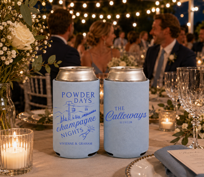 Light blue personalized ski resort wedding can coolers featuring Powder Days Champagne Nights artwork