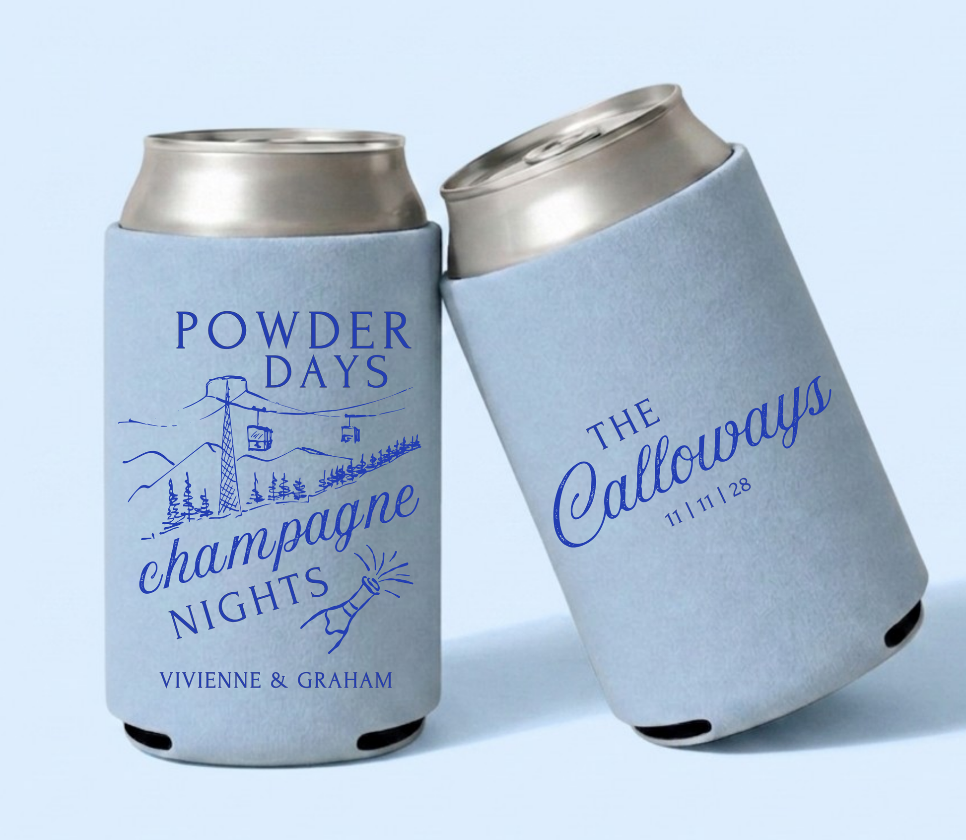 Light blue personalized ski resort wedding can coolers featuring Powder Days Champagne Nights artwork, ski lift illustration, custom names, family name, and wedding date.