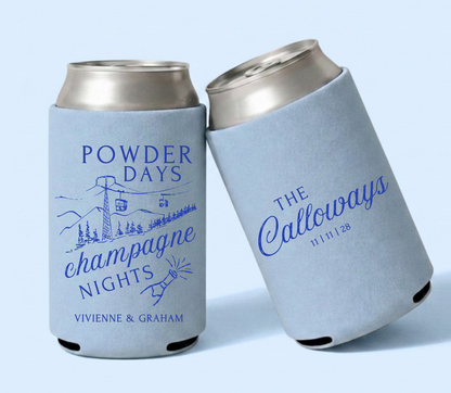 Light blue personalized ski resort wedding can coolers featuring Powder Days Champagne Nights artwork, ski lift illustration, custom names, family name, and wedding date.