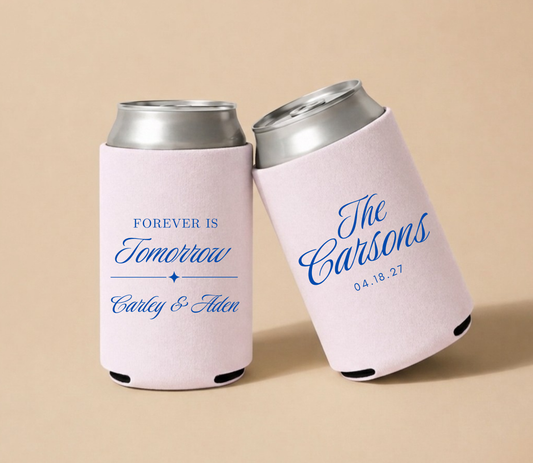 Light blush personalized foam wedding can coolers featuring Forever Is Tomorrow design with custom couple names, Carson family name, and wedding date.