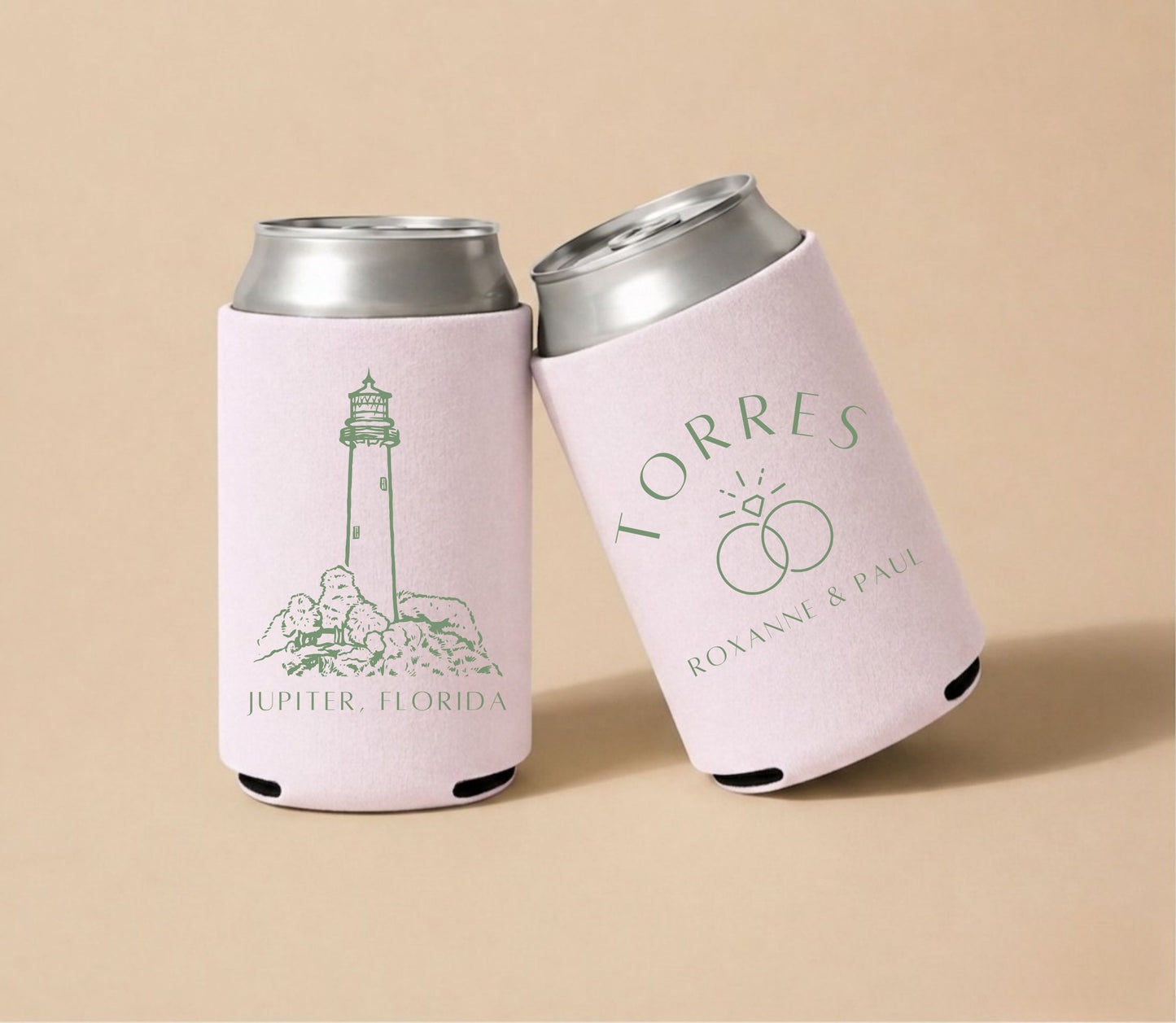 Light pink personalized wedding can coolers featuring a lighthouse illustration, Jupiter Florida coastal design, custom names Roxanne and Paul Torres, and wedding-themed artwork.