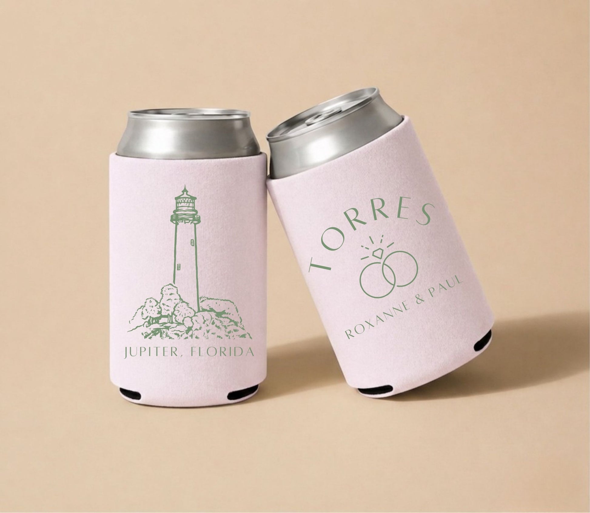Light pink personalized wedding can coolers featuring a lighthouse illustration, Jupiter Florida coastal design, custom names Roxanne and Paul Torres, and wedding-themed artwork.