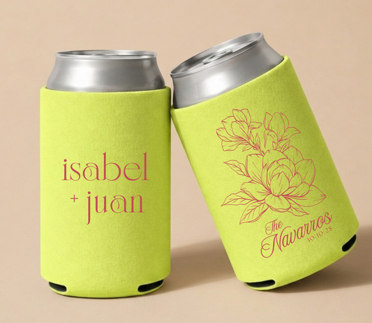 Personalized lime green wedding can coolers featuring Isabel and Juan names in pink, detailed floral artwork, The Navarros family name, and October 10, 2028 wedding date.