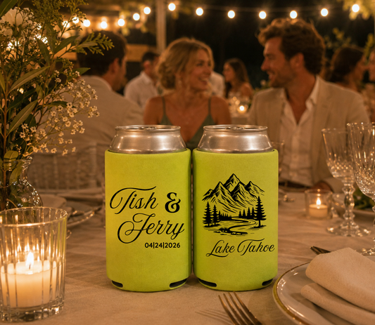 Lime green personalized wedding can coolers