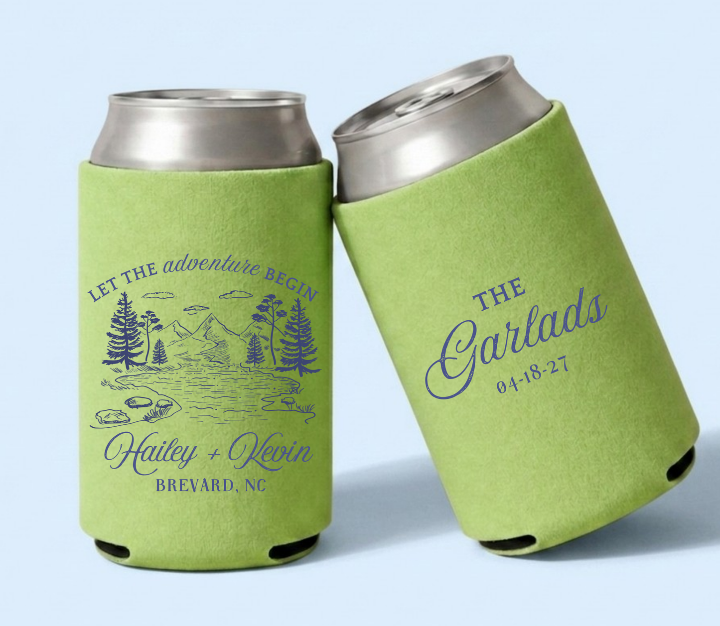 Lime green personalized wedding can coolers featuring a scenic mountain landscape, custom couple names, wedding location, family name, and wedding date.