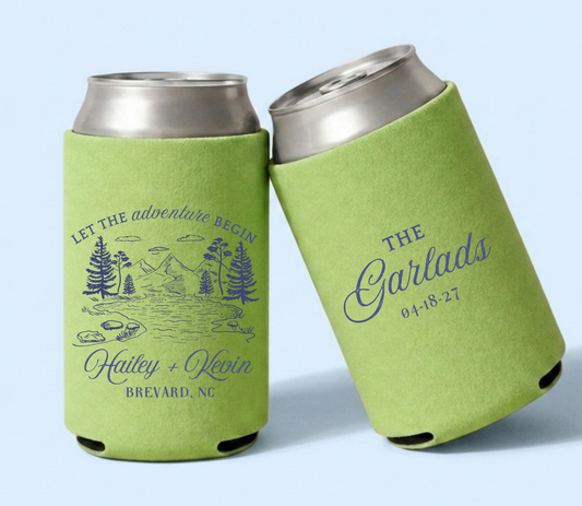 Lime green personalized wedding can coolers featuring a scenic mountain landscape, custom couple names, wedding location, family name, and wedding date.