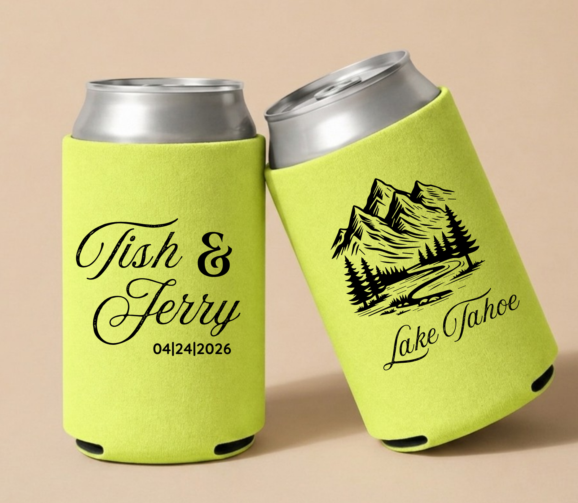 Lime green personalized wedding can coolers featuring custom couple names, wedding date, and Lake Tahoe mountain landscape artwork.