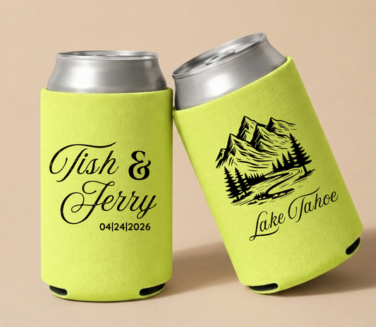 Lime green personalized wedding can coolers featuring custom couple names, wedding date, and Lake Tahoe mountain landscape artwork.