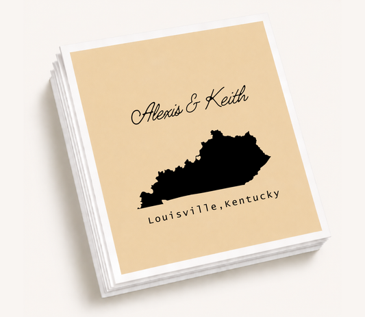 Personalized cocktail napkins featuring a Kentucky state silhouette with custom names and Louisville, Kentucky.