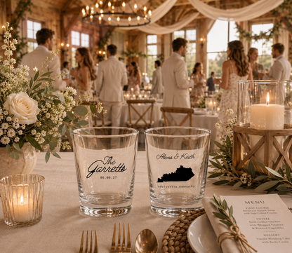 Personalized Louisville Kentucky wedding shot glasses with Kentucky silhouette and custom couple name design