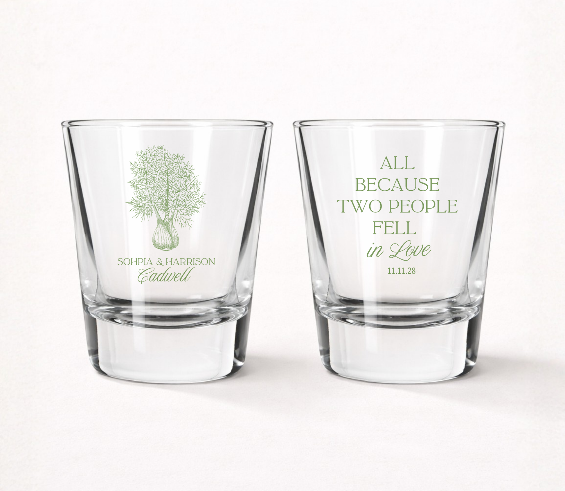 Personalized Love Tree wedding shot glasses featuring custom couple names, family name, wedding date, botanical tree illustration, and romantic wedding quote.