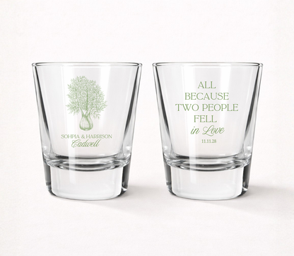 Personalized Love Tree wedding shot glasses featuring custom couple names, family name, wedding date, botanical tree illustration, and romantic wedding quote.