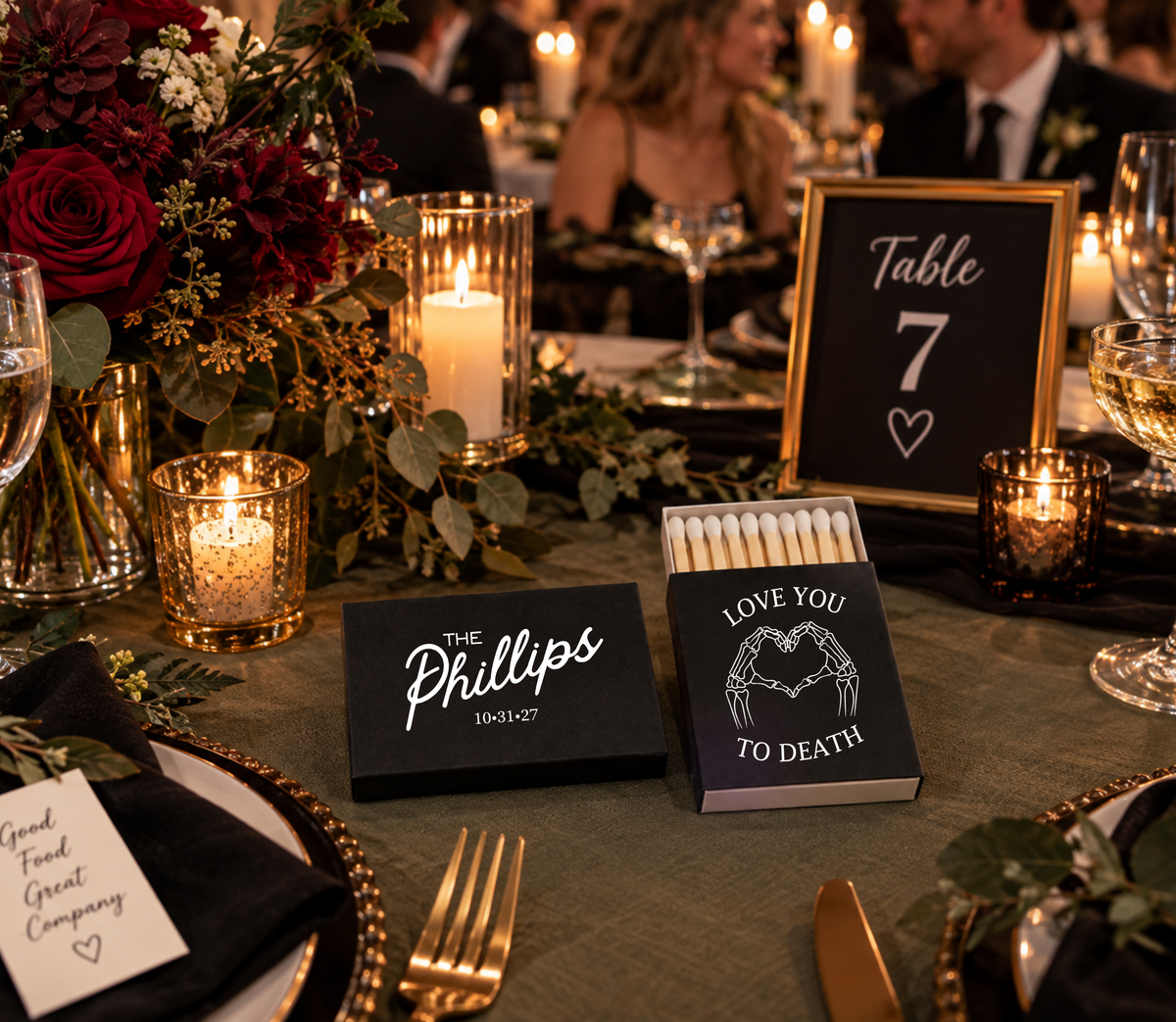 Personalized black Halloween wedding matchboxes featuring The Phillips last name and wedding date 10.31.27.