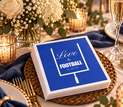 Personalized sports wedding napkins with football goalpost artwork, romantic script lettering, and bold white typography.